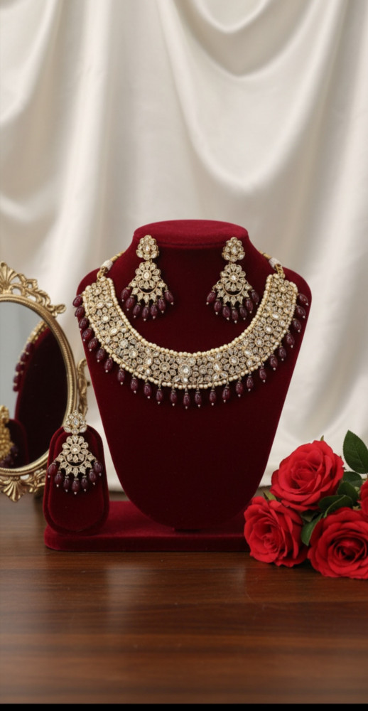 Image of Traditional Gold Plated Kundan Choker Necklace Set with Maang Tikka and Earrings featuring Maroon Bead Droplets