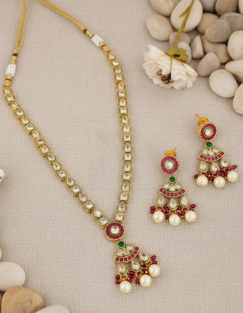 Image of Traditional Gold-Plated Kundan Necklace Set with Pearl Cluster Drops