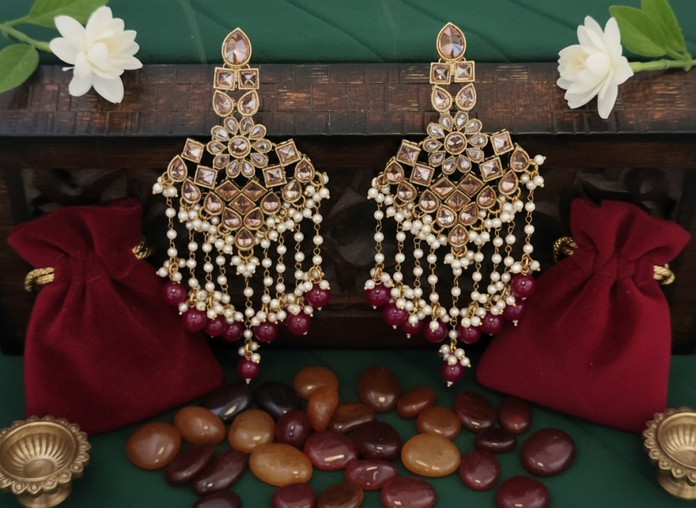 Image of Traditional Gold-Plated Kundan Sahare Earrings with Ruby-Red Beads