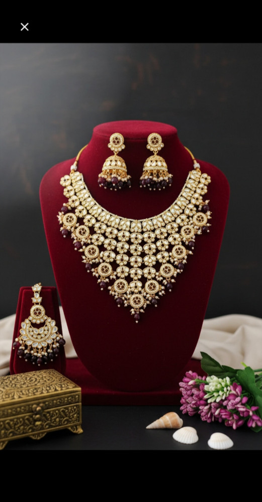 Image of Traditional Gold Plated Multi-Tiered Kundan Bridal Necklace Set with Jhumka Earrings and Maang Tikka in Maroon