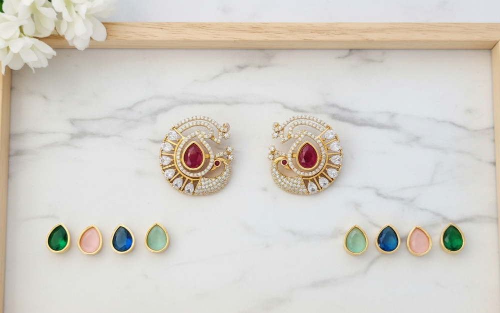Image of Traditional Gold-Plated Peacock Interchangeable Stud Earrings Set