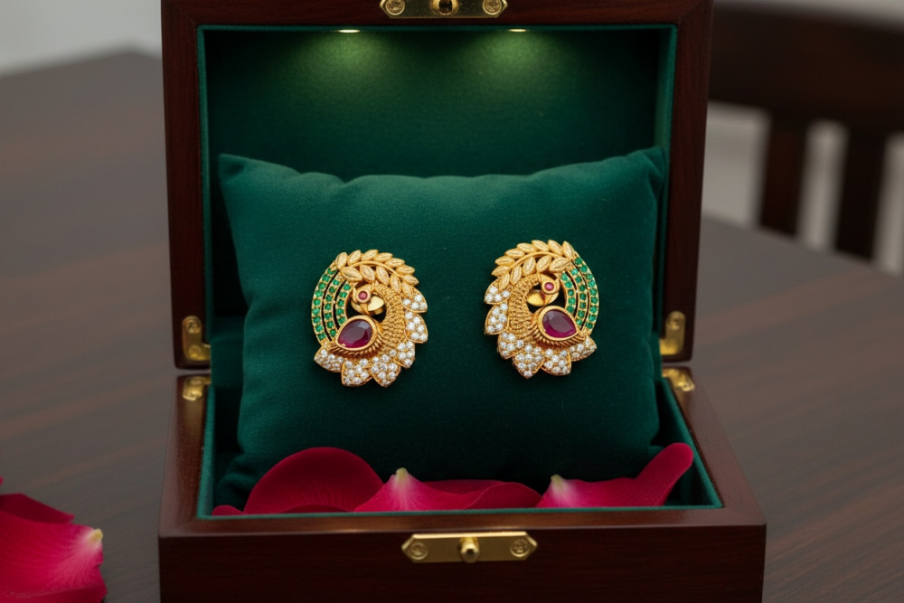 Image of Traditional Gold-Plated Peacock Stud Earrings with Multi-Color Stones