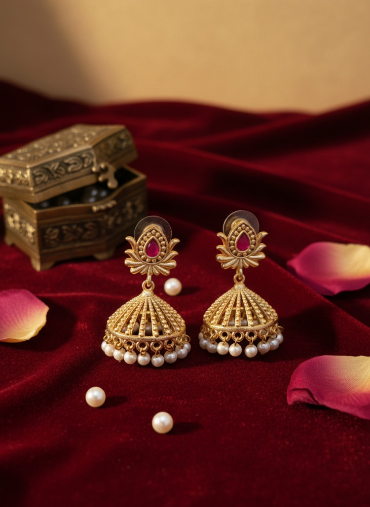 Image of Traditional Gold-Plated Pink Stone and Pearl Drop Jhumka Earrings