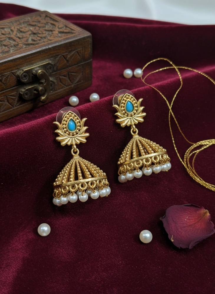 Image of Traditional Gold-Plated Turquoise Stone Lotus Jhumka Earrings with Pearl Drops