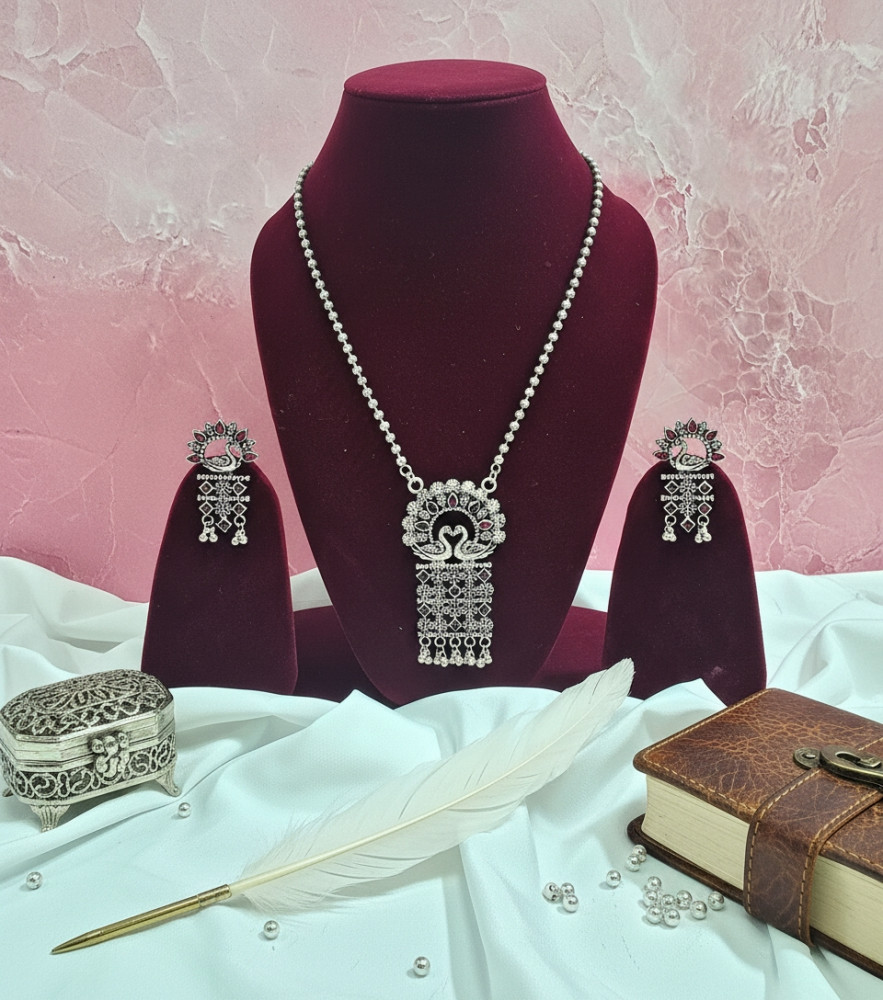 Image of Traditional Handcrafted Peacock Oxidized Silver Necklace Set with Earrings