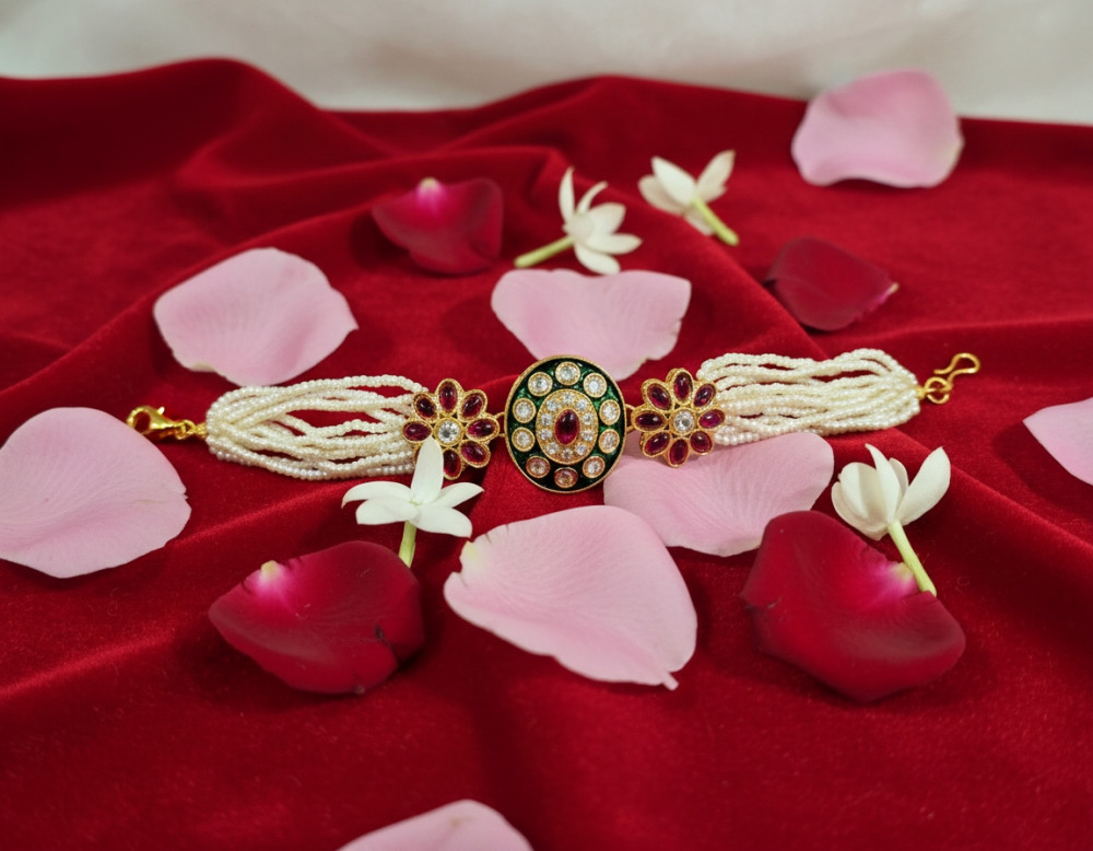 Image of Traditional Multi-Strand Pearl &amp; Kundan Embellished Bracelet