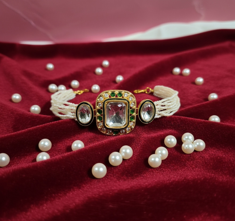 Image of Traditional Multi-Strand Pearl &amp; Kundan Medallion Adjustable Bracelet