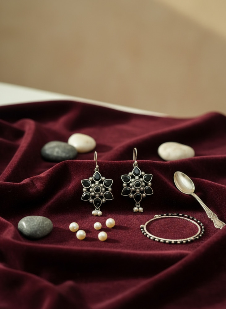 Image of Traditional Oxidized Silver Floral Drop Earrings with Black Stones