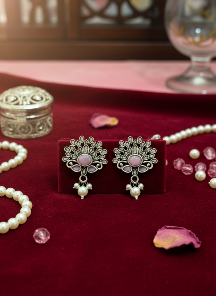 Image of Traditional Oxidized Silver Floral Drop Earrings with Pink Stones