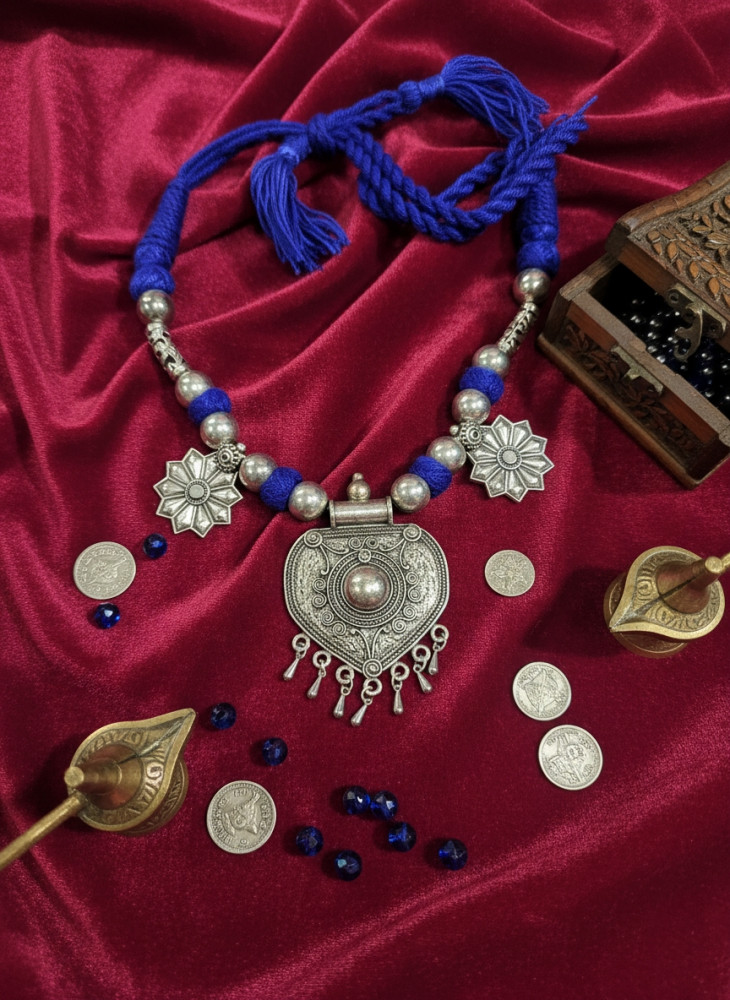 Image of Traditional Oxidized Silver Heart Filigree Necklace with Blue Fabric Beads