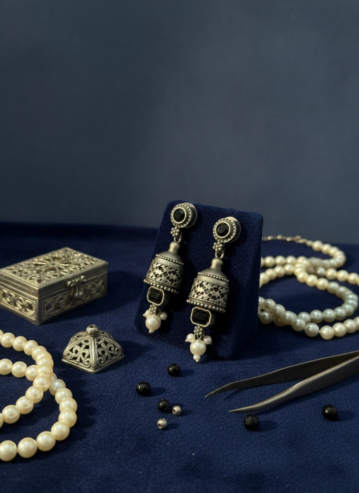 Image of Traditional Oxidized Silver Jhumka Earrings with Black Onyx-Tone Stones
