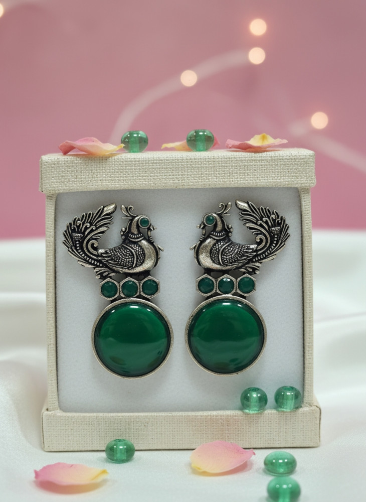 Image of Traditional Oxidized Silver Peacock Drop Earrings with Green Stone Accents