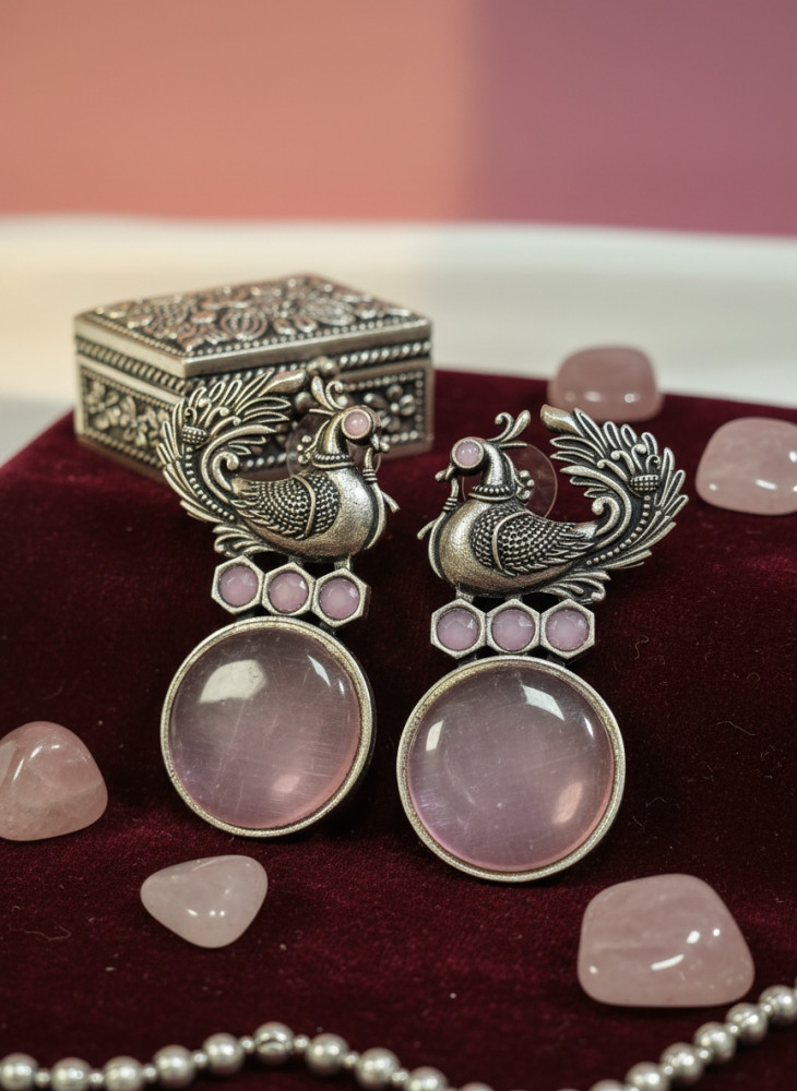 Image of Traditional Oxidized Silver Peacock Drop Earrings with Pastel Pink Monalisa Stone Accents