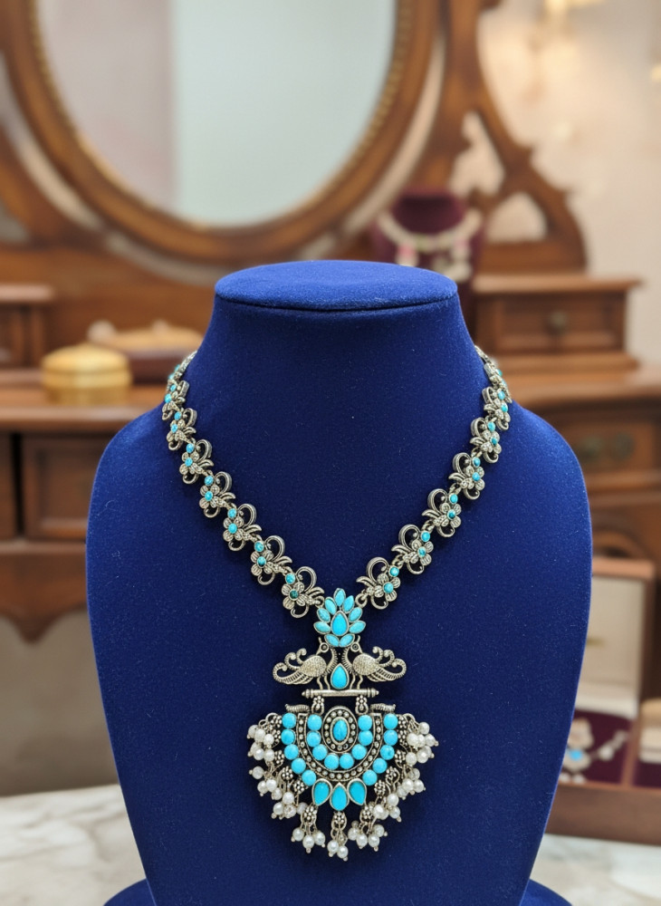 Image of Traditional Oxidized Silver Peacock Necklace with Turquoise Stones