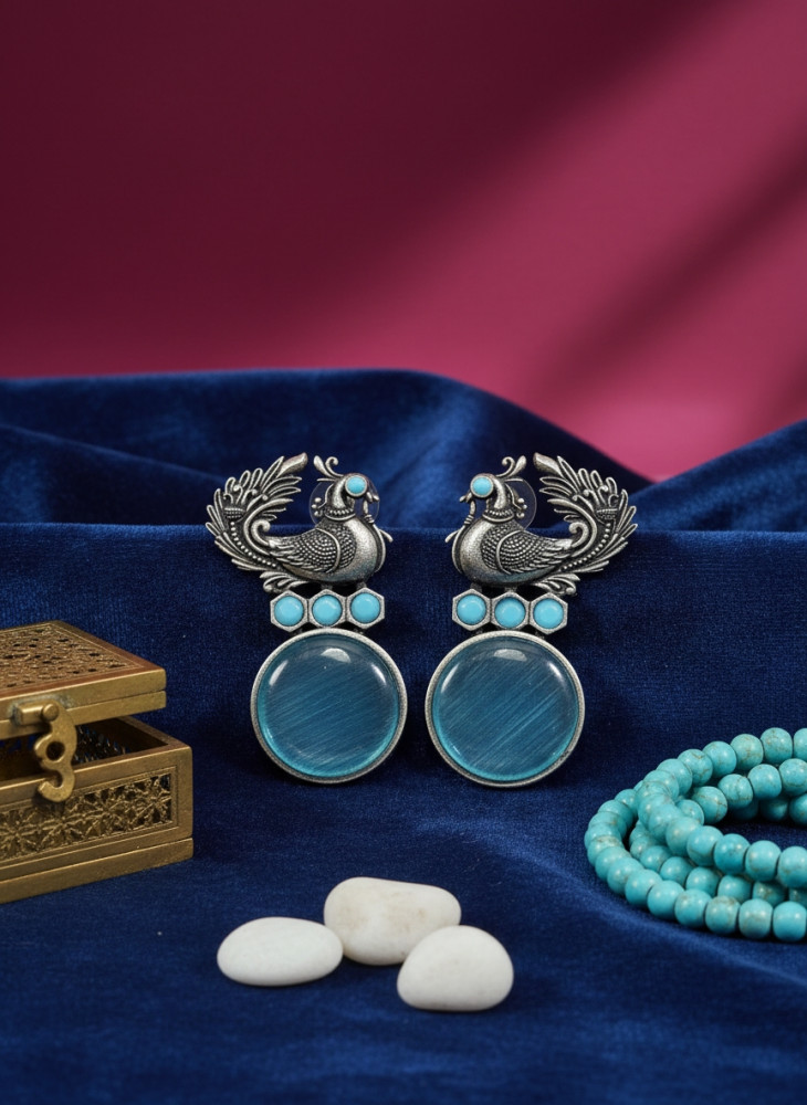 Image of Traditional Oxidized Silver Peacock Stud Earrings with Aqua Blue Monalisa Stones