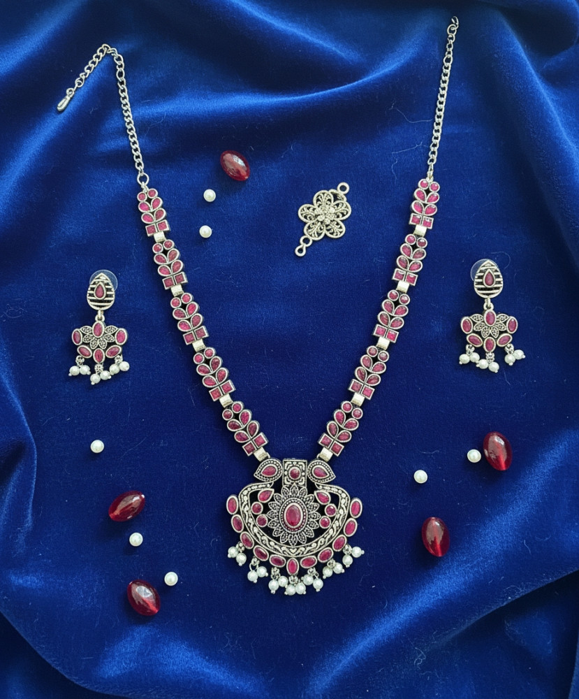 Image of Traditional Oxidized Silver-Plated Floral Necklace Set with Matching Earrings