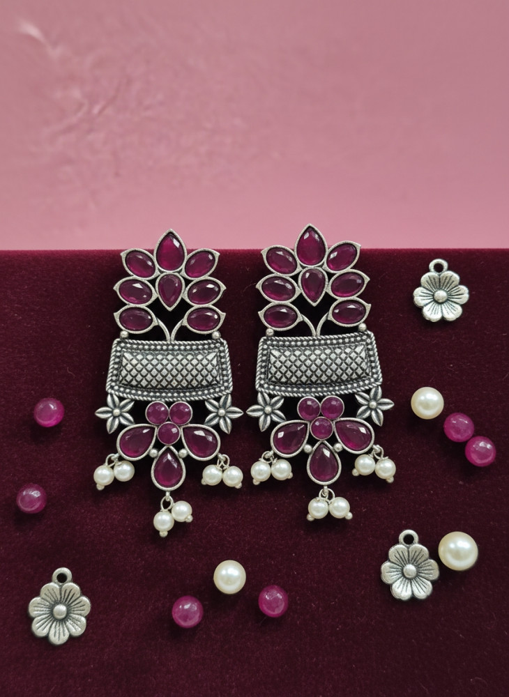 Image of Traditional Oxidized Silver-Plated Maroon Stone &amp; Pearl Dangler Earrings for Women
