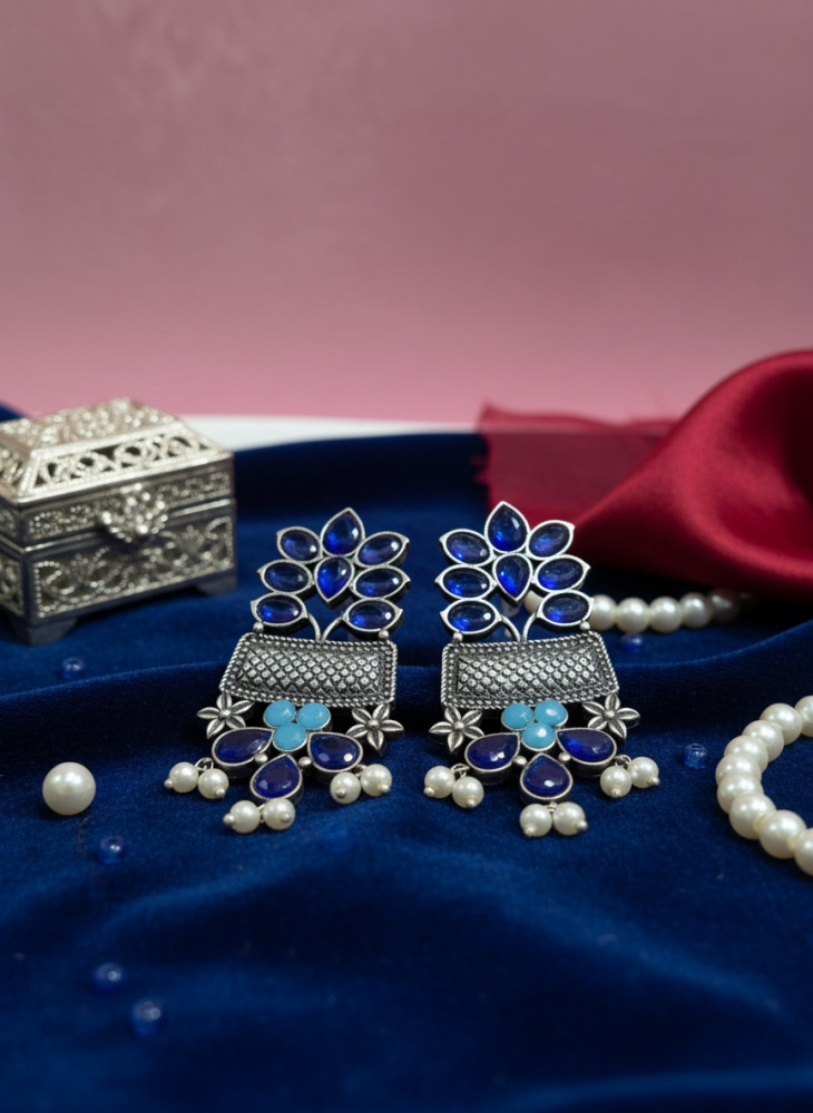 Image of Traditional Oxidized Silver-Plated Royal Blue &amp; Aqua Stone Dangler Earrings with Pearl Drops