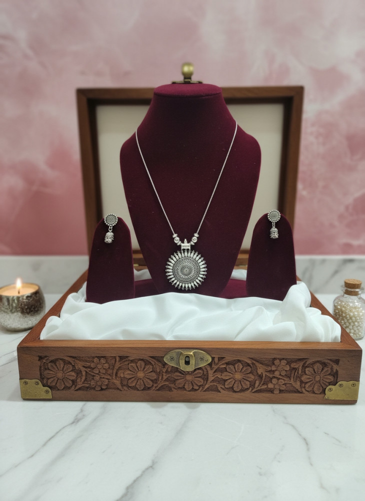 Image of Traditional Oxidized Silver Sunburst Pendant Necklace Set with Matching Earrings