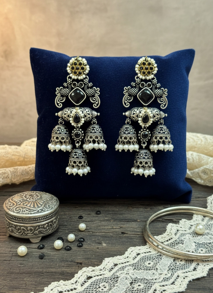 Image of Traditional Oxidized Silver Triple Layer Jhumka Earrings with Blue Stones