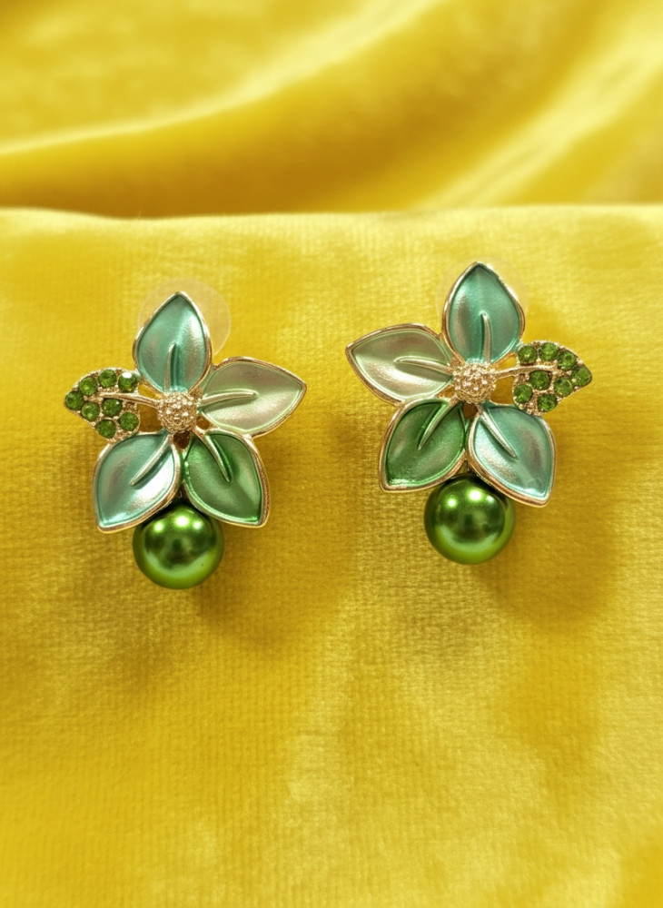 Image of Verdant Bloom: Emerald Enamel &amp; Olive Pearl Botanical Studs