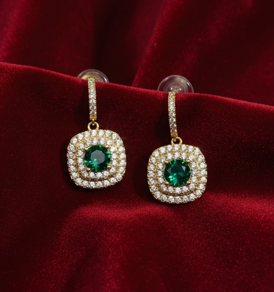 Image of Verdant Majesty: Emerald Green Double Halo Drop Hoop Earrings