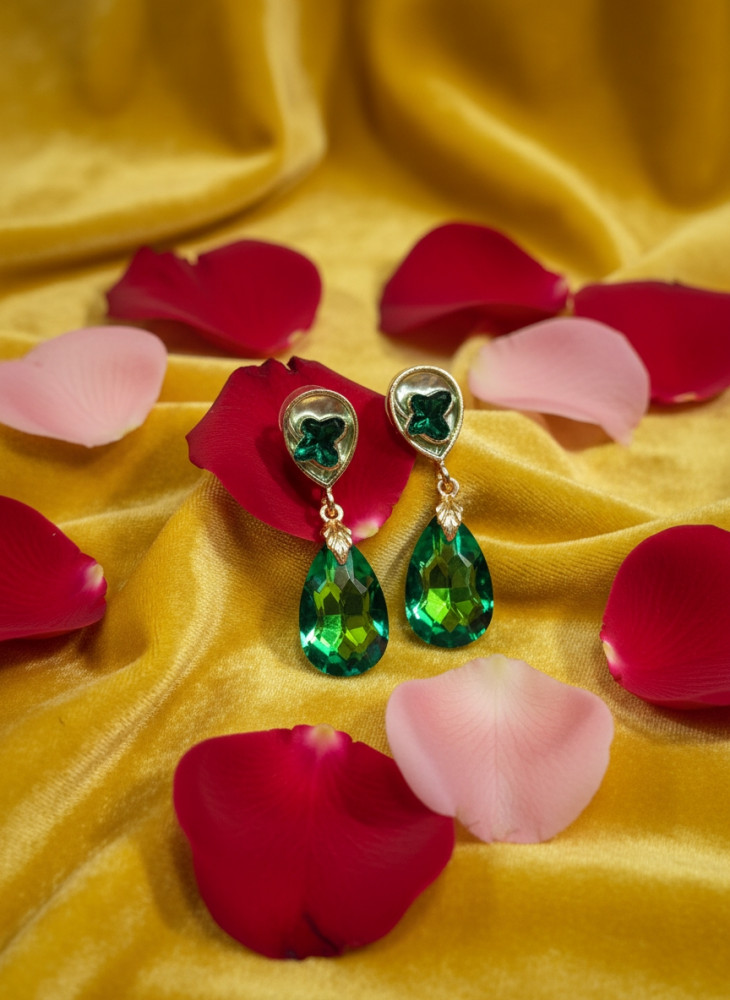 Image of Verdant Radiance: Emerald Green Crystal Teardrop Dangle Earrings