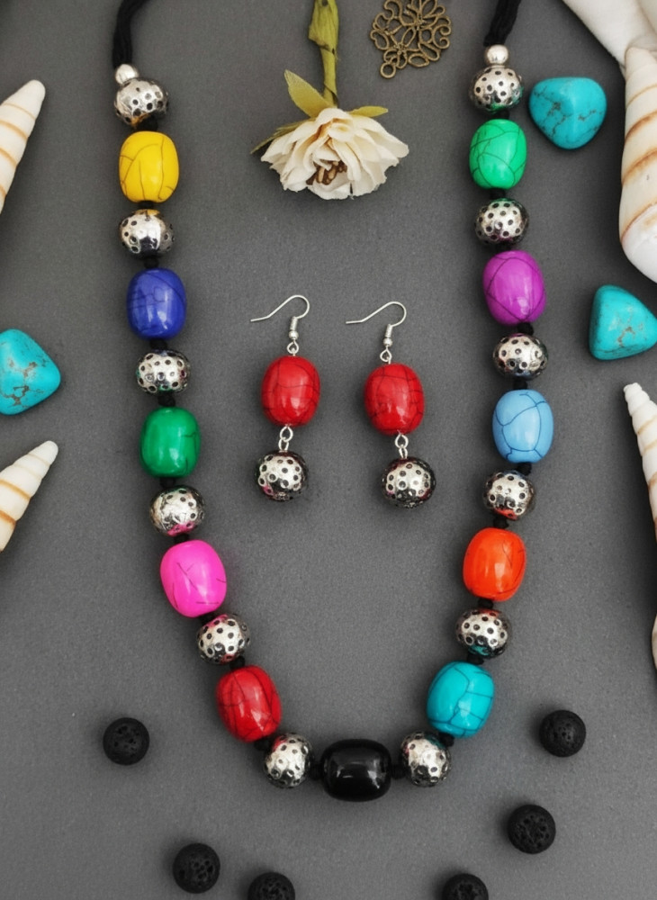 Image of Vibrant Multi-Color Hand-Painted Bead Necklace Set with Earrings