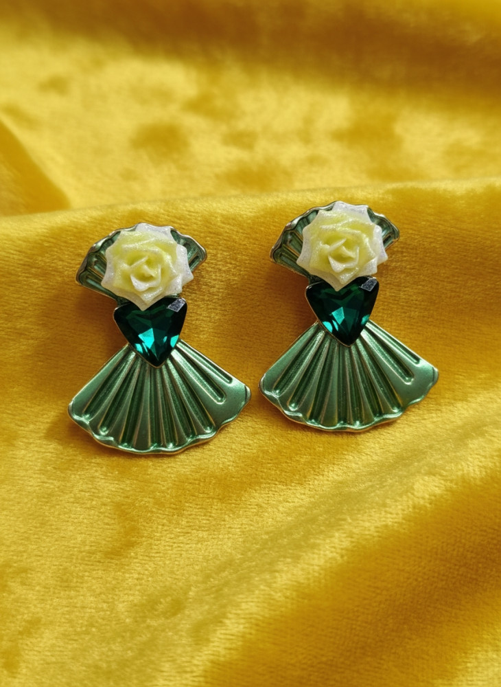 Image of Vintage Enamel Rose &amp; Fan Drop Earrings with Emerald Crystal