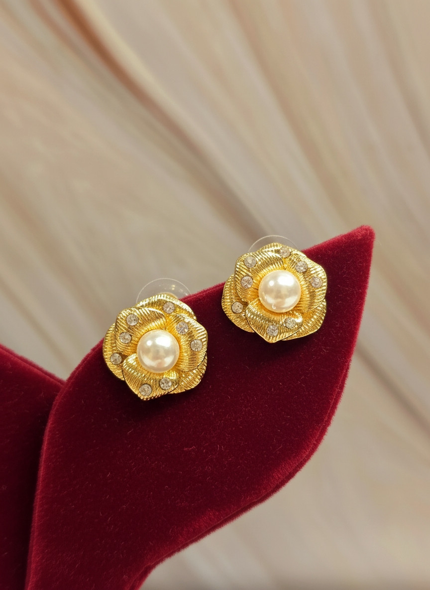 Vintage Rose Bloom: Gold-Plated Floral Stud Earrings with Pearl & Crystal Accents