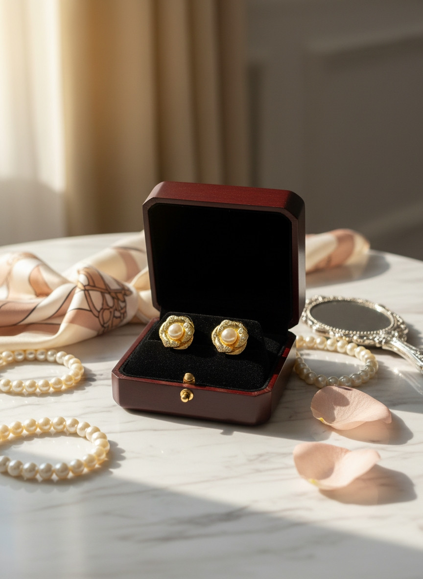 Vintage Rose Bloom: Gold-Plated Floral Stud Earrings with Pearl & Crystal Accents