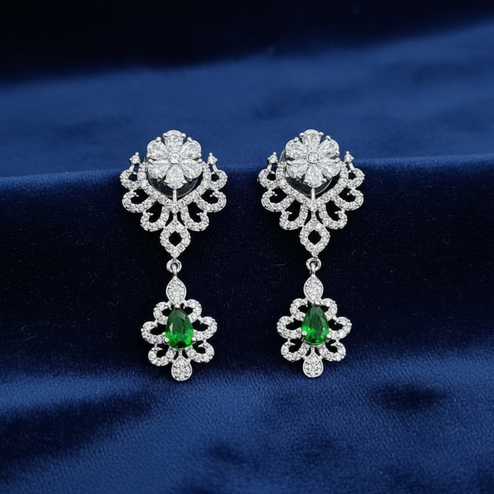 Image of Zeneme Rhodium-Plated Emerald Green AD Studded Paisley Dangler Earrings