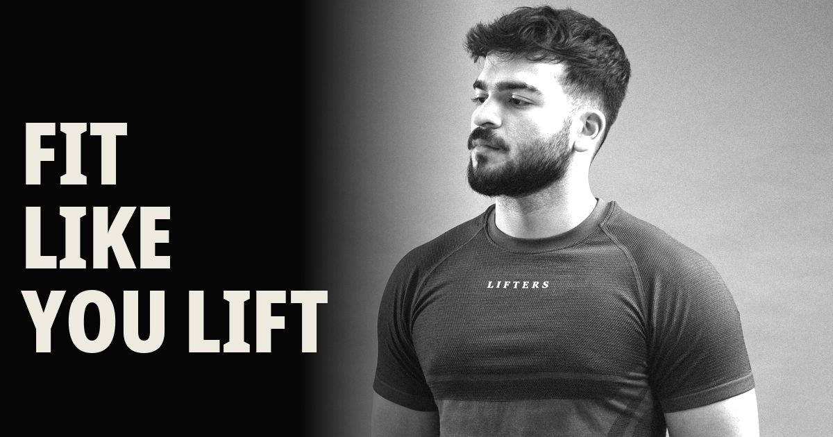 Lifters seamless men's gym t-shirt in charcoal, worn by a model, with the tagline "Fit like you lift"