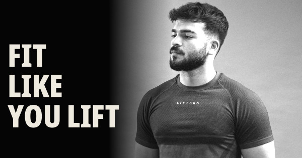 Lifters seamless men's gym t-shirt in charcoal, worn by a model, with the tagline "Fit like you lift"
