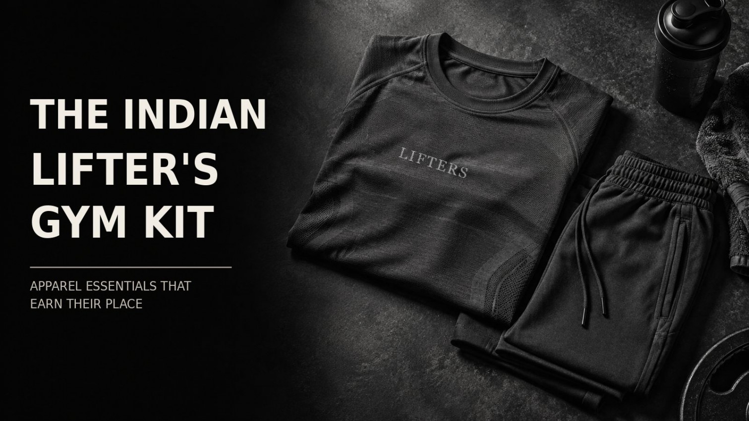 Black flat-lay of Lifters apparel with the Lifters logo tilted on a folded black t-shirt, joggers and a shaker beside it - blog cover for "The Indian Lifter's Gym Kit".