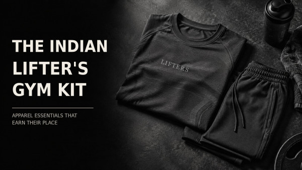 Black flat-lay of Lifters apparel with the Lifters logo tilted on a folded black t-shirt, joggers and a shaker beside it - blog cover for "The Indian Lifter's Gym Kit".