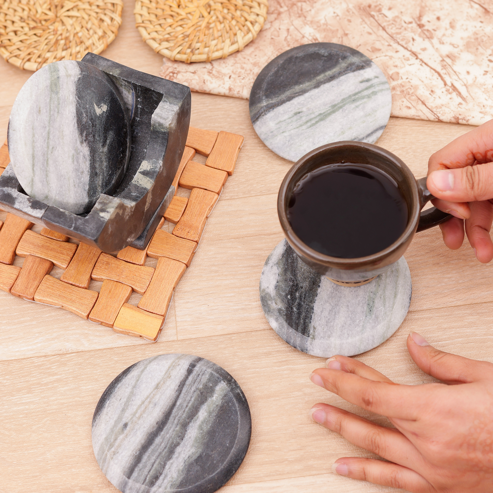 Set of 4 Marble Coaster with Marble Stand