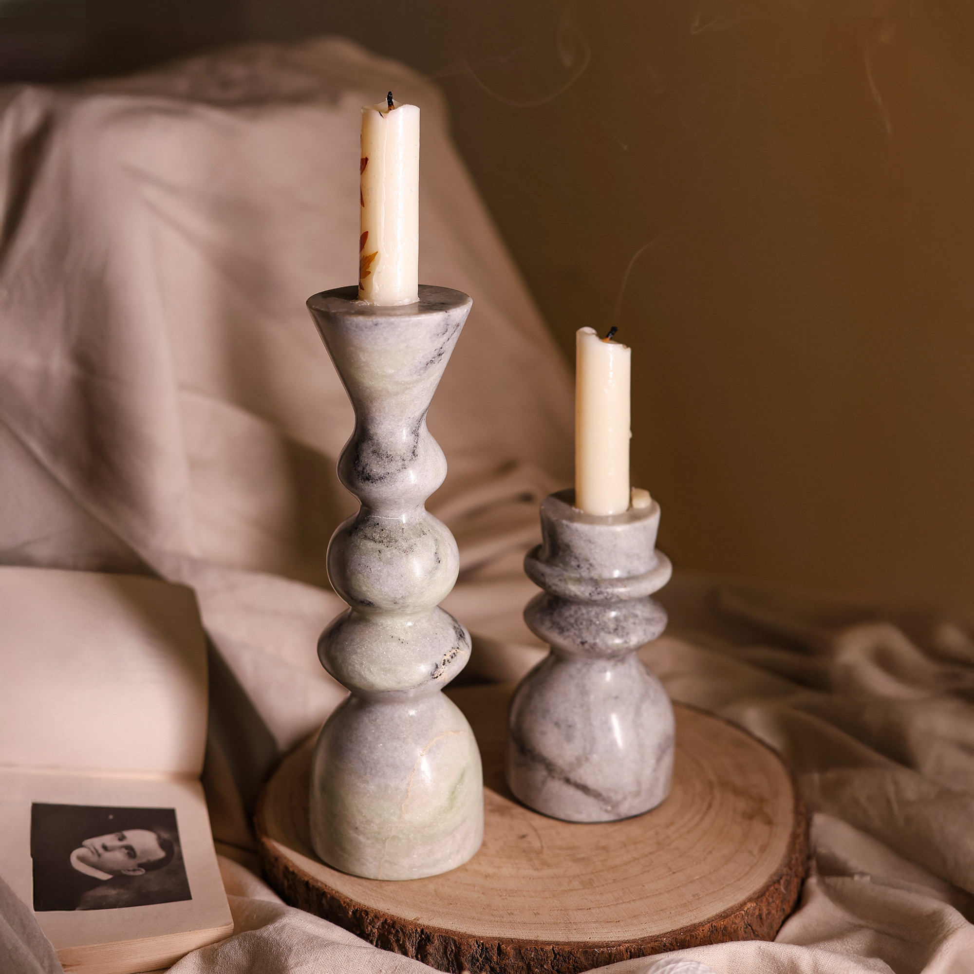 Light Grey Marble Candle Holders - Set of 2