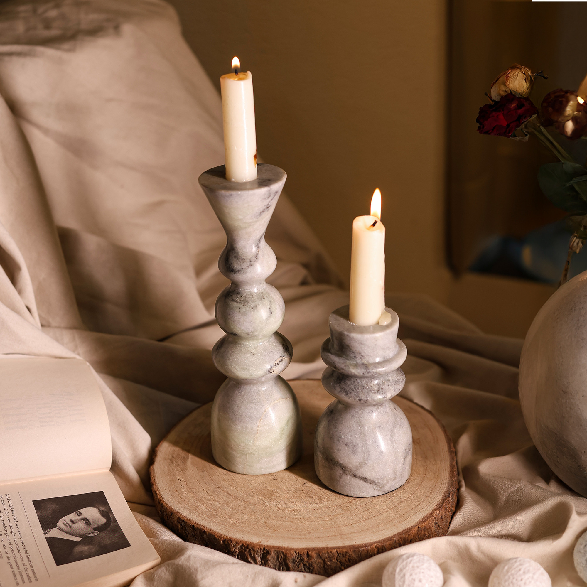 Light Grey Marble Candle Holders - Set of 2