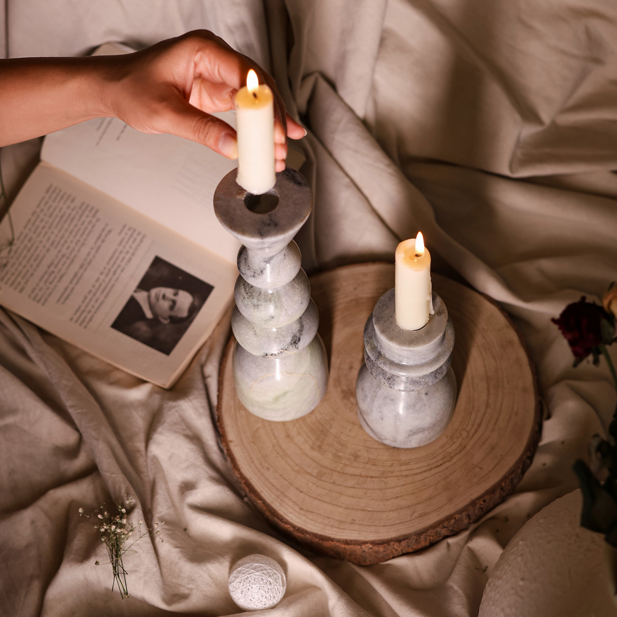 Light Grey Marble Candle Holders - Set of 2