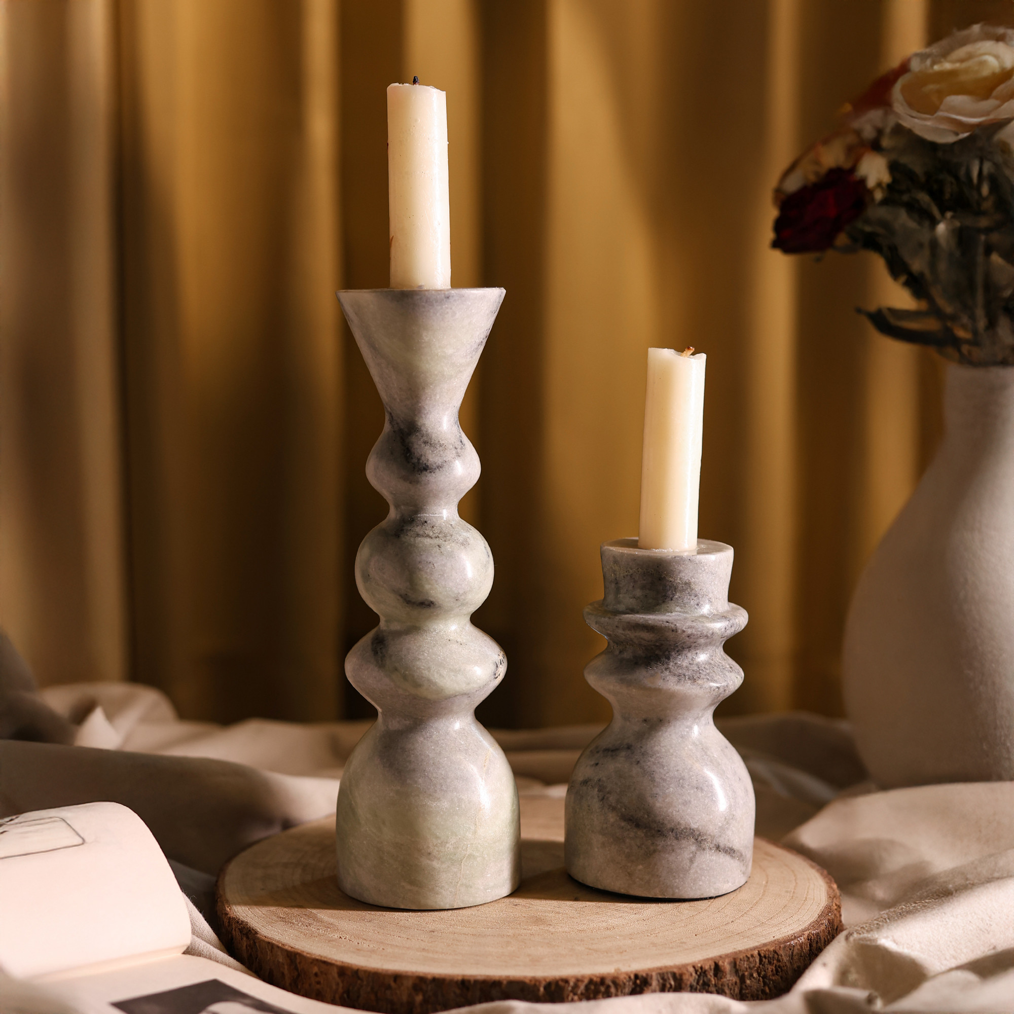 Light Grey Marble Candle Holders - Set of 2