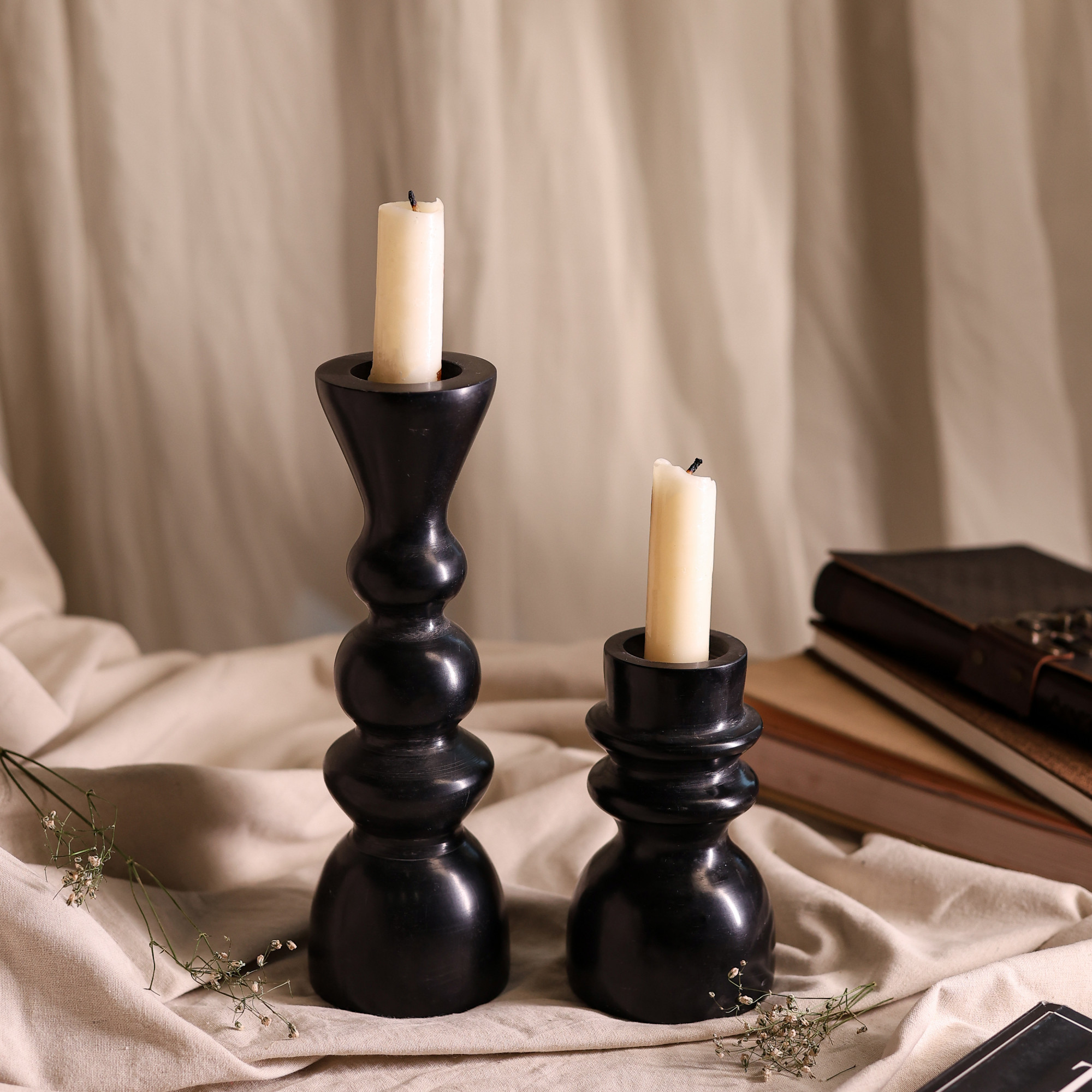 Black Marble Candle Holders - Set of 2