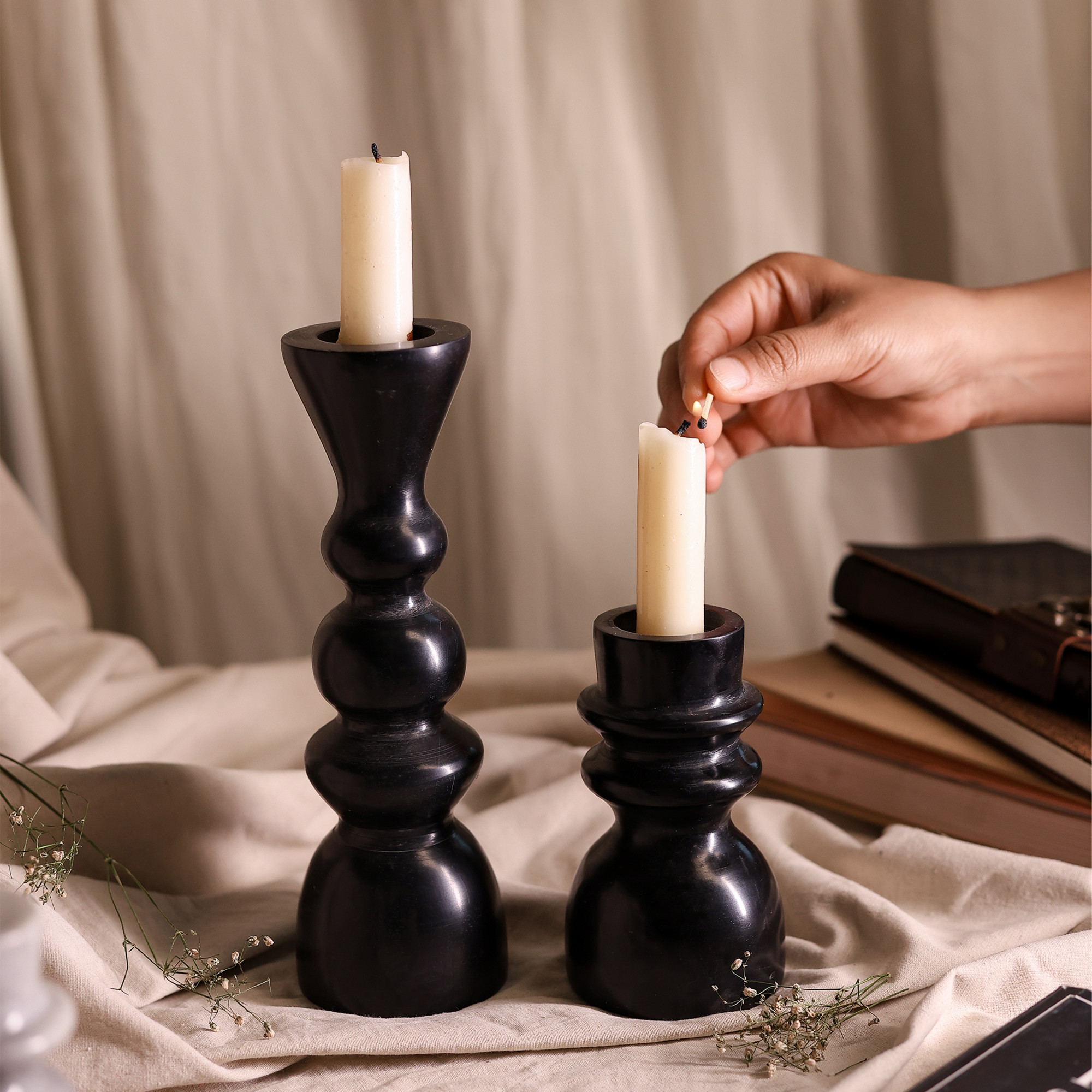 Black Marble Candle Holders - Set of 2