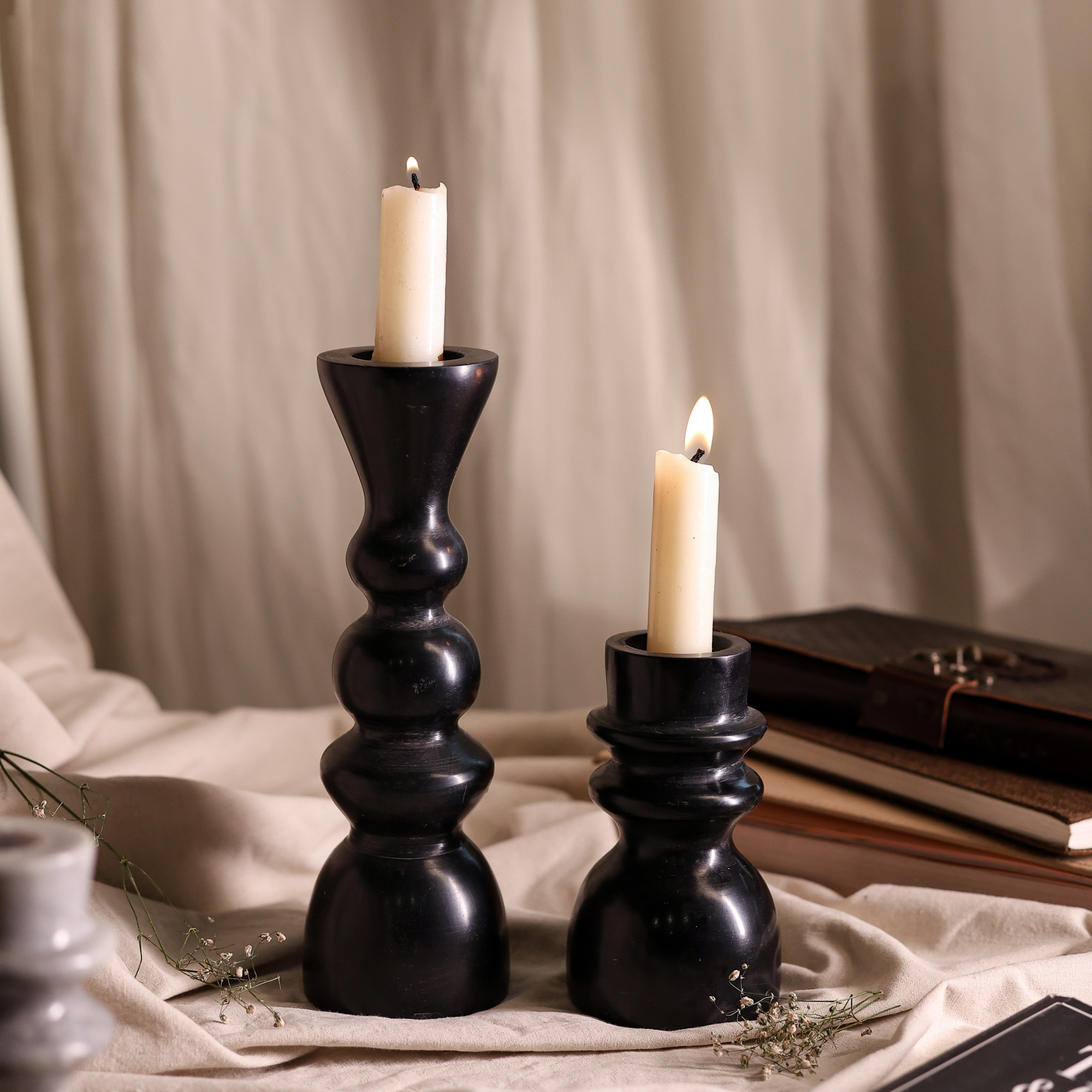 Black Marble Candle Holders - Set of 2