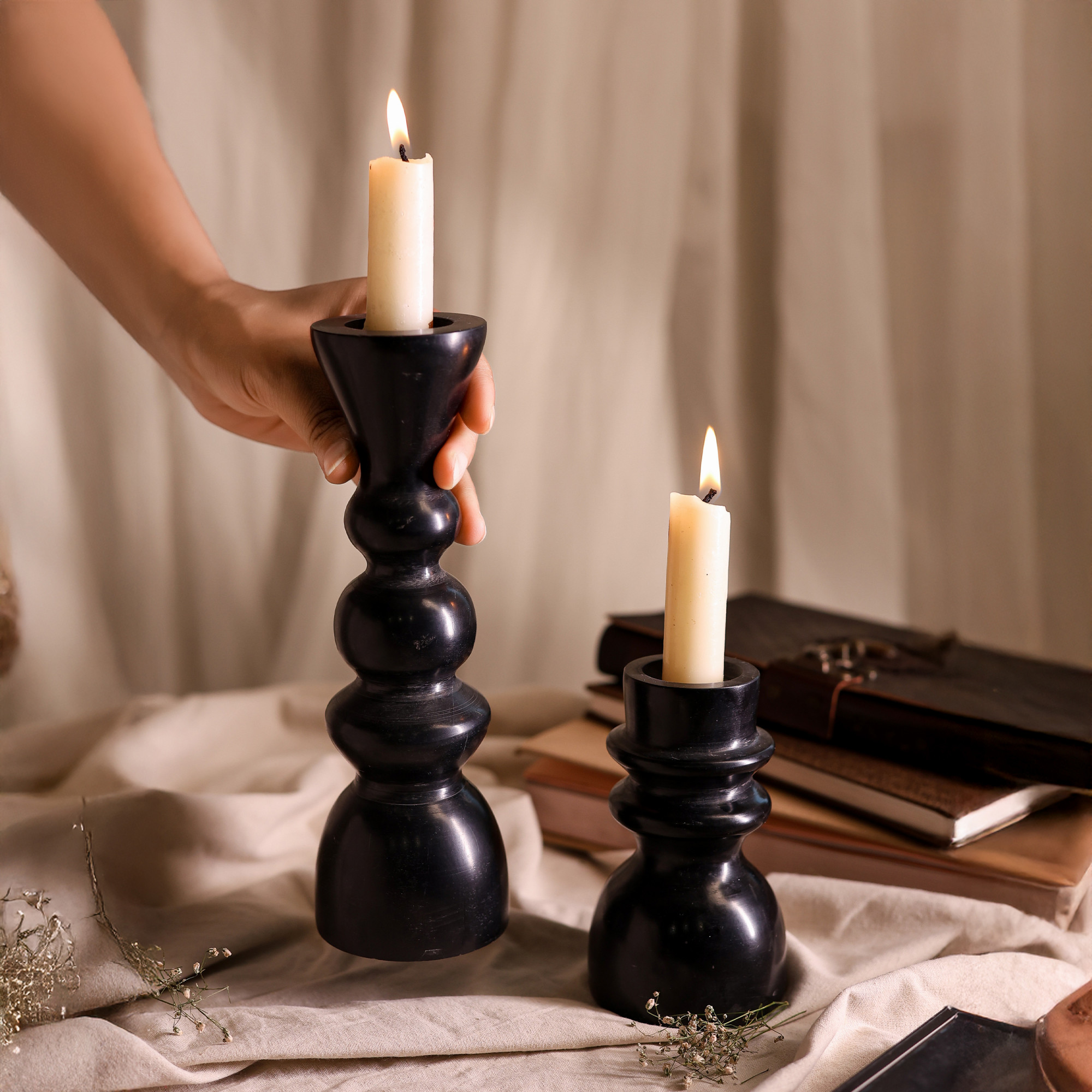 Black Marble Candle Holders - Set of 2