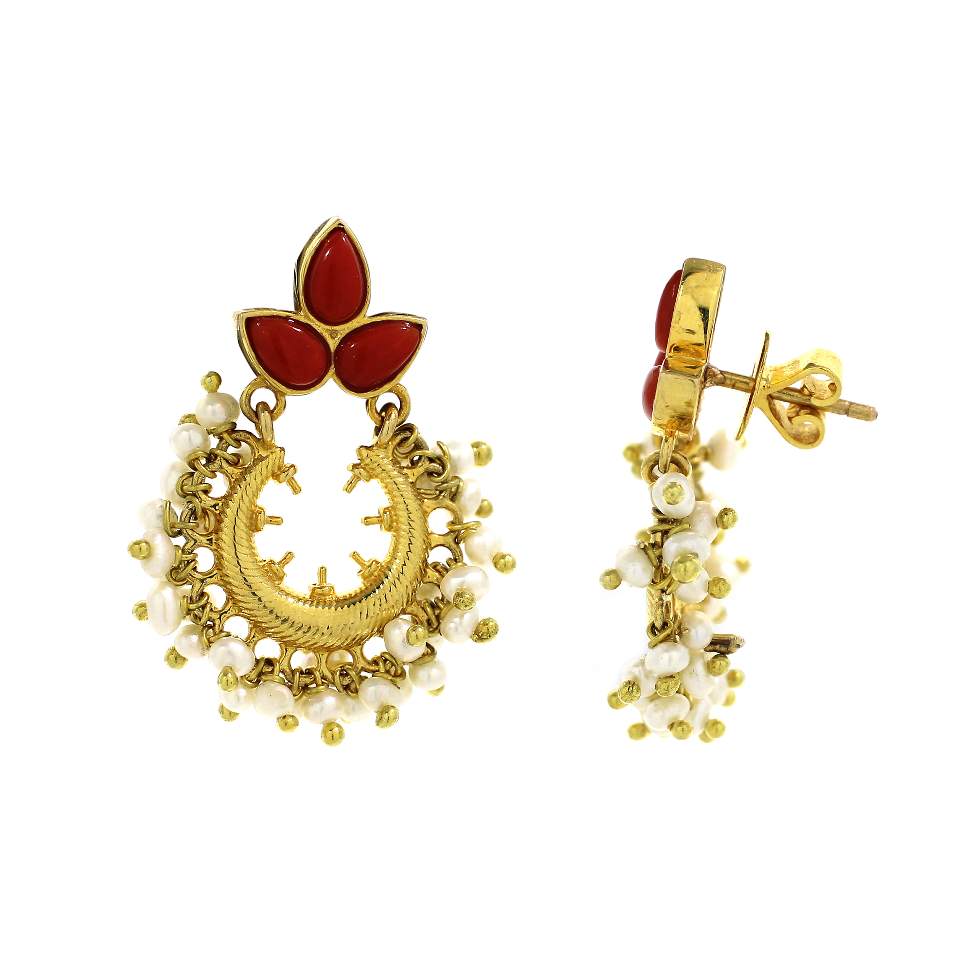 18K Gold Red Coral with Pearl Stud Earrings