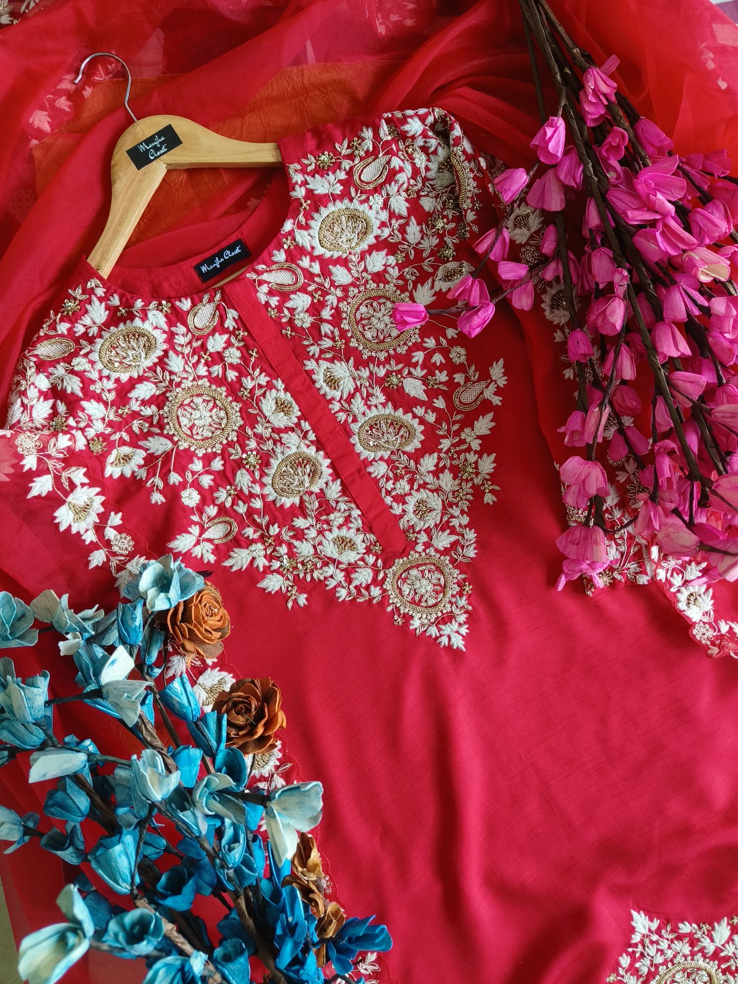 RED THREAD AND DABKA SHARARA SUIT SET