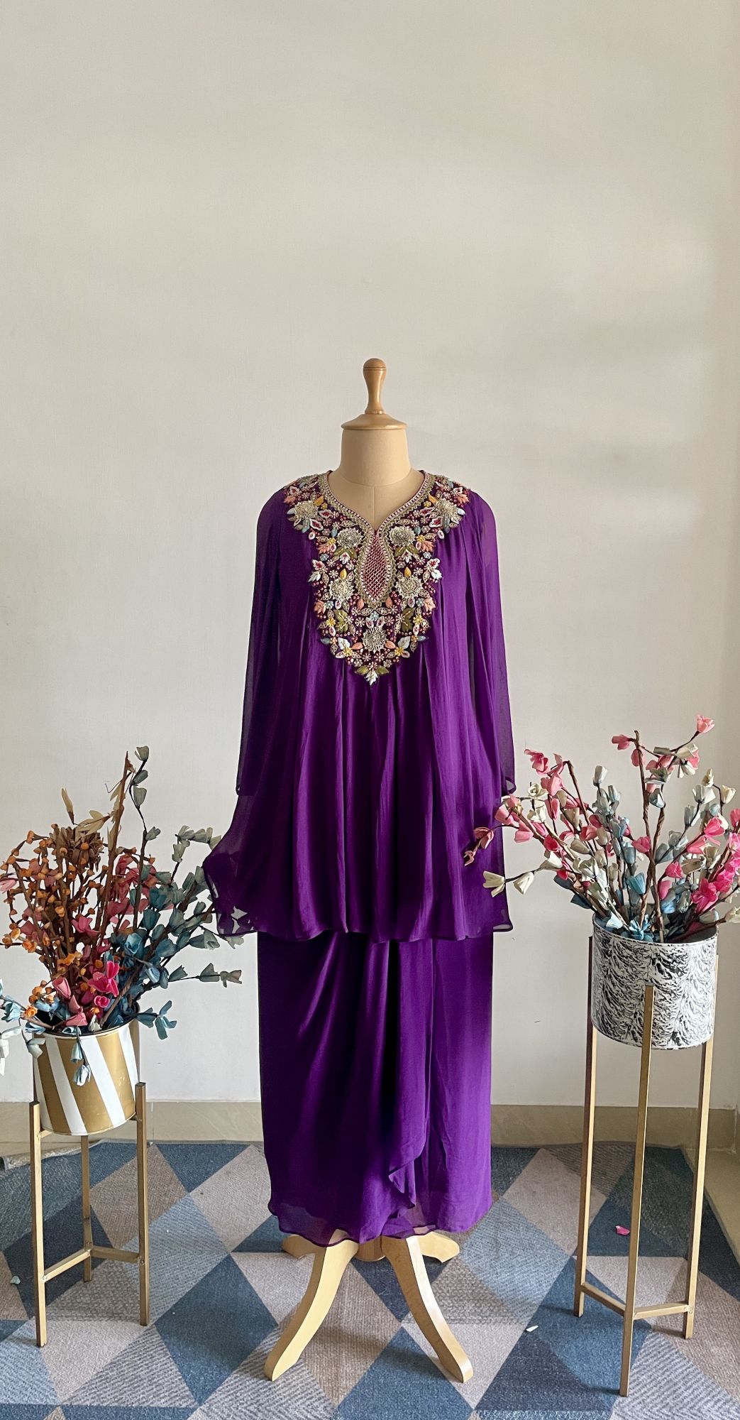 PURPLE THREAD DRAPE SKIRT SET