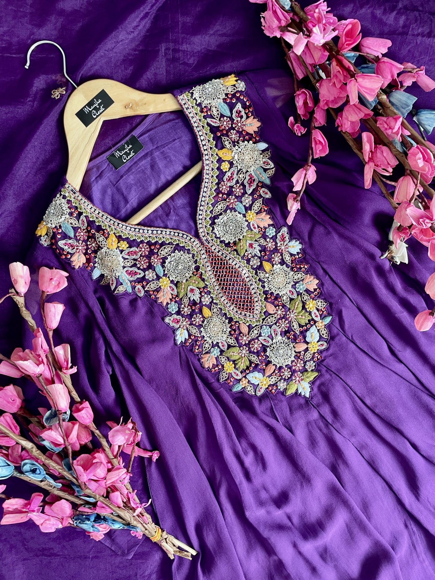 PURPLE THREAD DRAPE SKIRT SET