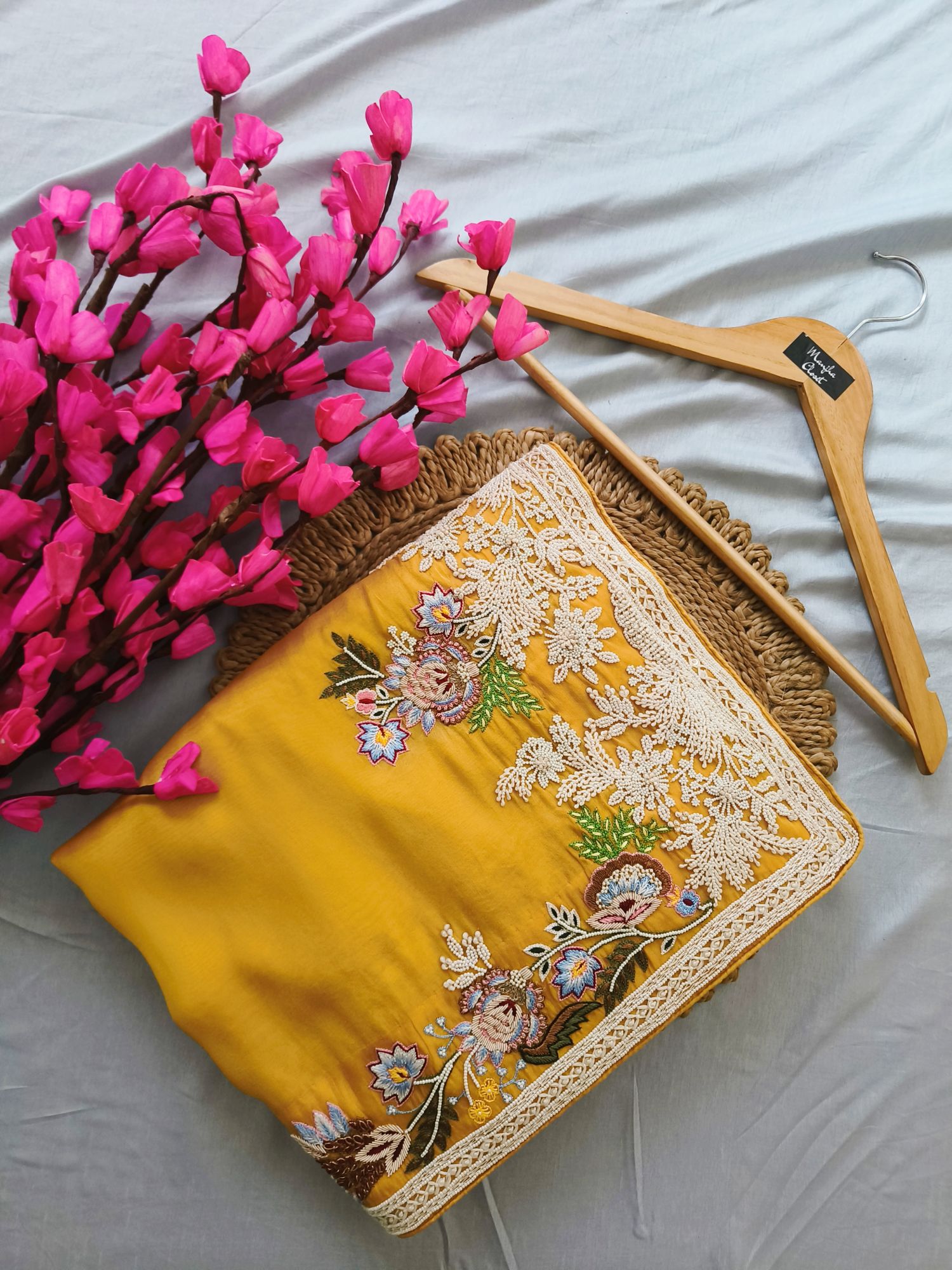 Yellow Tissue Moti and Thread work Saree